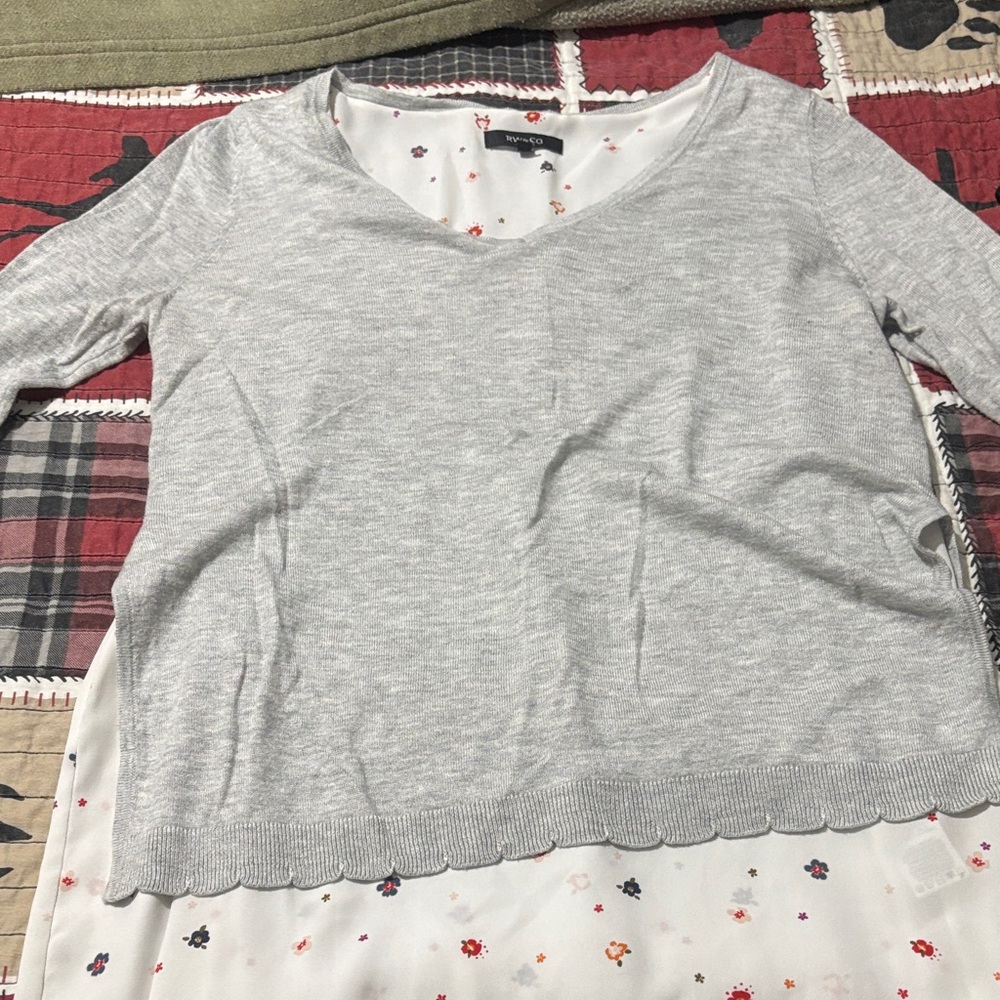 Gray V-Neck Sweater with Floral Layer